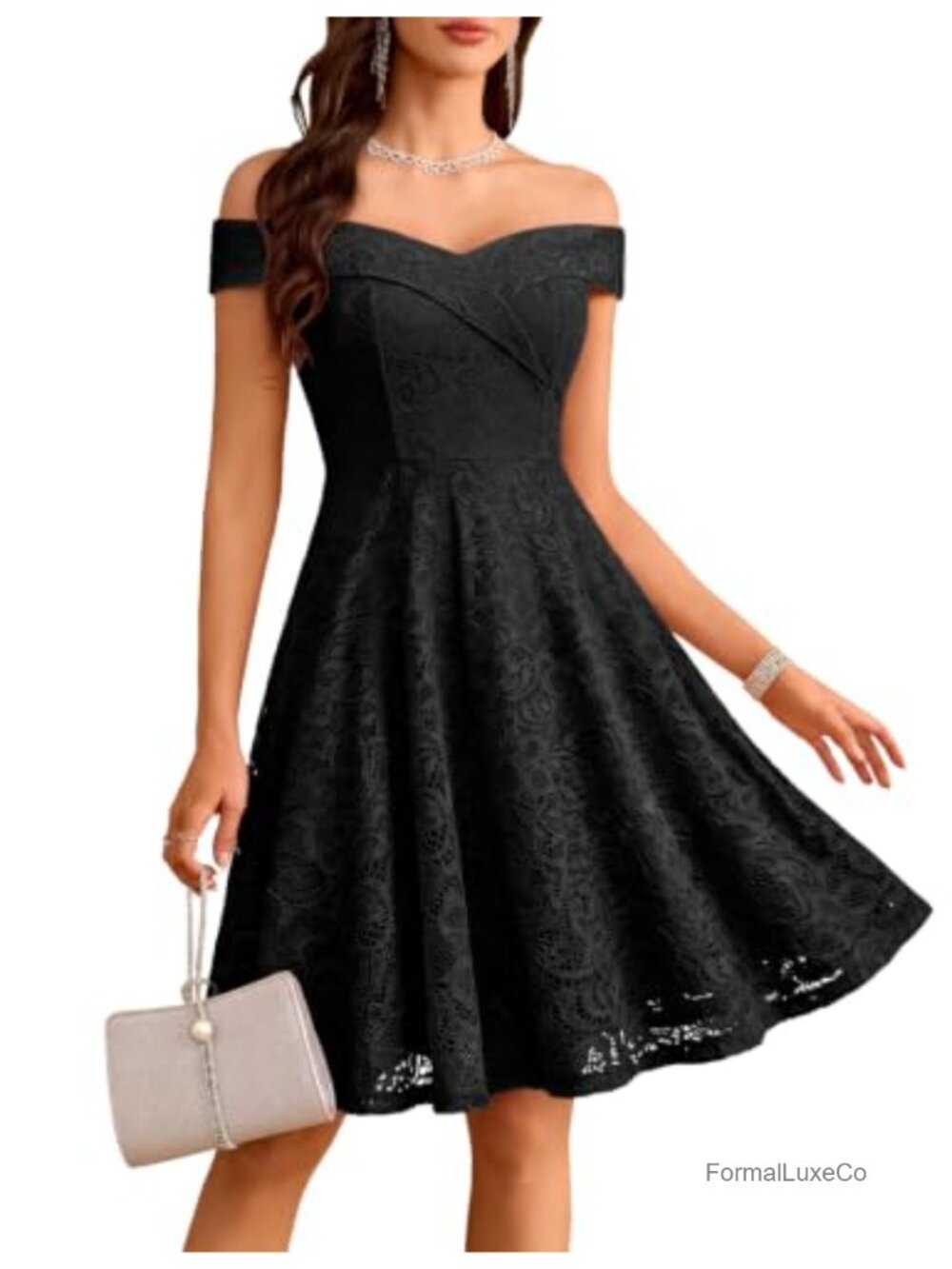 Lace Off Shoulder Sweetheart A-Line Cocktail Dress Wedding Guest Formal